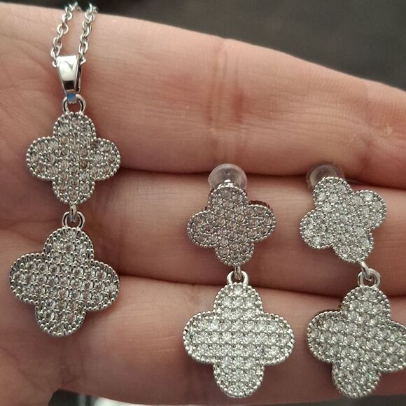 Diamond Silver Double Clover Necklace + Earrings Set - Picture 5 of 9